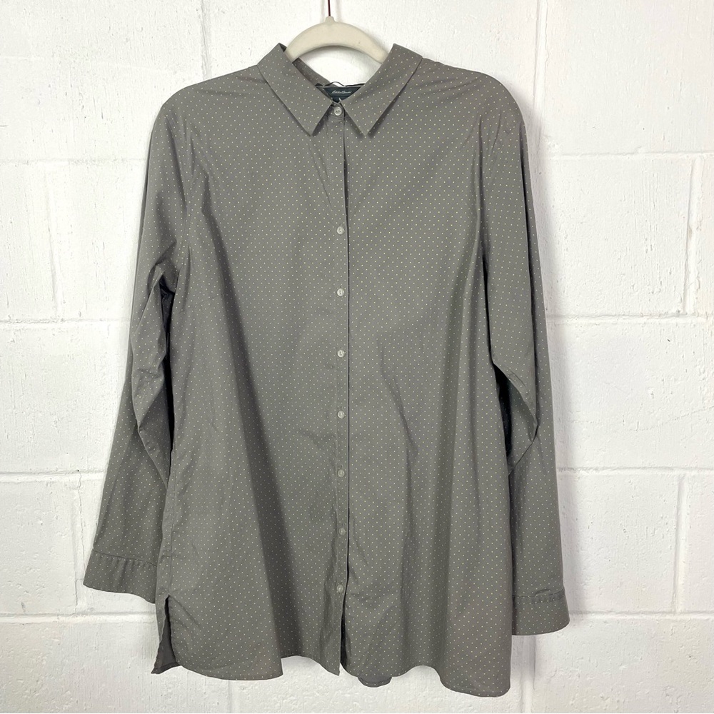 Eddie Bauer Women's Button Up Tunic Gray & Green‎ Polka Dot Office Everyday XL